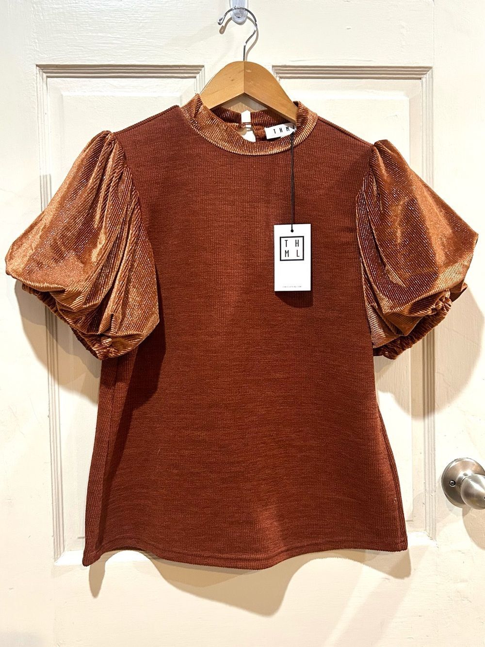 THML NWT Rust Brown Knit Women's Top Satin Metallic Puff Sleeves Size S
